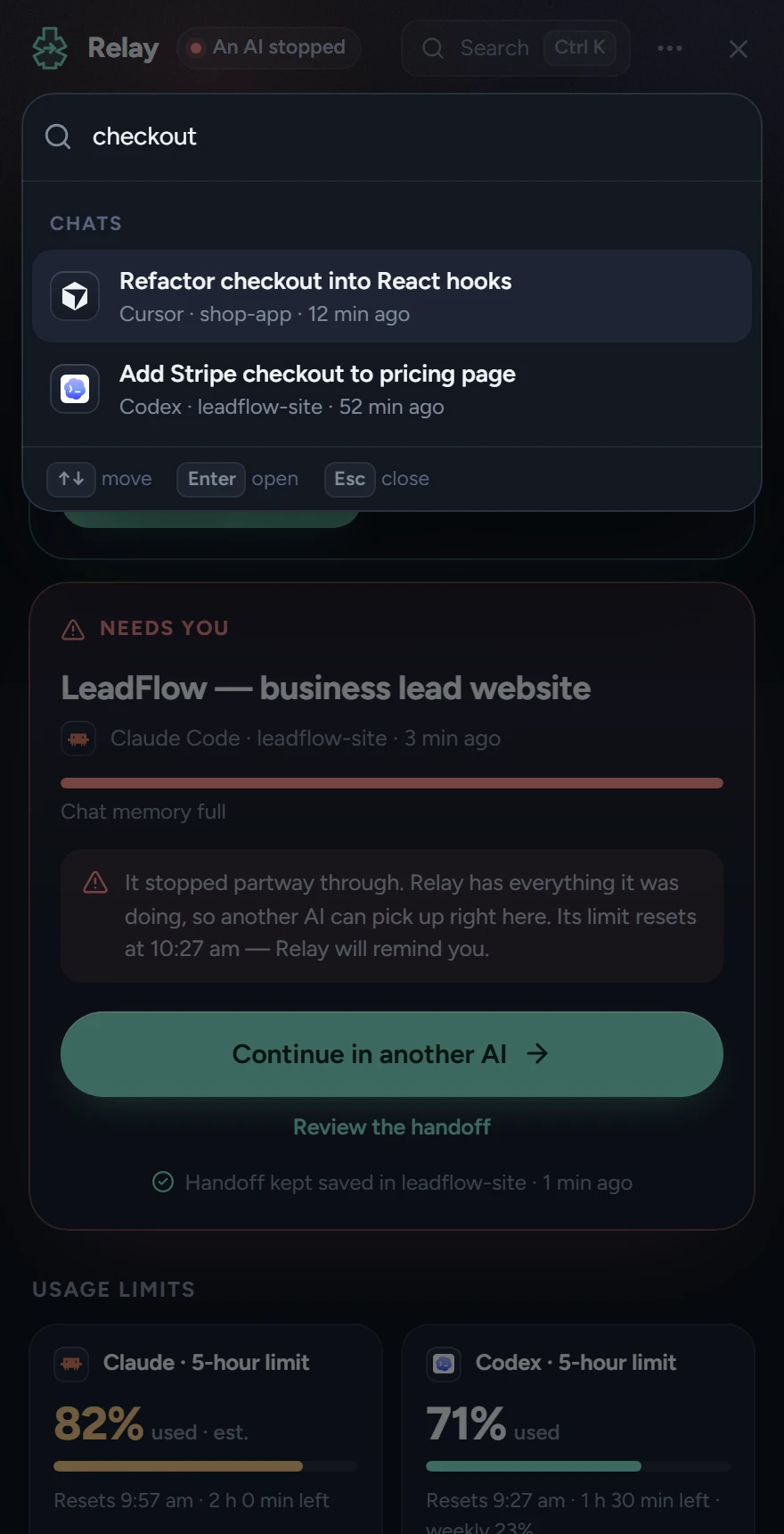 Ctrl+K search: chats, AIs and actions in one box